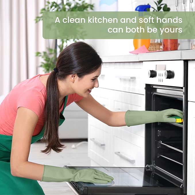 Rubber Cleaning Gloves for Dishwashing, 4 Pairs Reusable Kitchen Gloves for Washing Dishes and Household Cleaning, Green Dish Gloves with Flocked Lining and Non-Slip Grip, Pefect for Woman Men - M