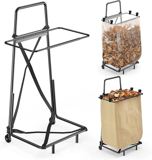 Wheeled Trash Bag Holder - Adjustable Frame for 33-50 Gallon Plastic & 30 Gallon Paper Bags - Durable Metal Outdoor Leaf & Garbage Bag Stand - Yard, Lawn Cleanup, Gardening, Camping & Parties