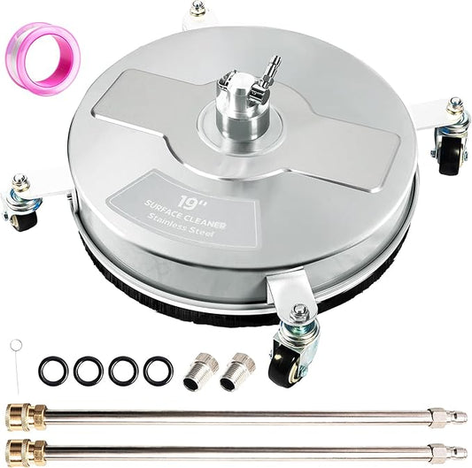 19" Pressure Washer Surface Cleaner with 4 Wheels, Stainless Steel Power Washer Surface Cleaner for Driveways Sidewalks Patios, 1/4" Quick Connector, 2 Extension Wand, 4000 PSI