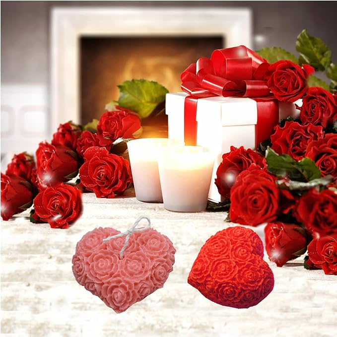 3-Cavity Heart Rose Flower Silicone Soap Mold Fondant Mold for Cake Decoration, Chocolate,Candle, Bath Bomb, Lotion Bar