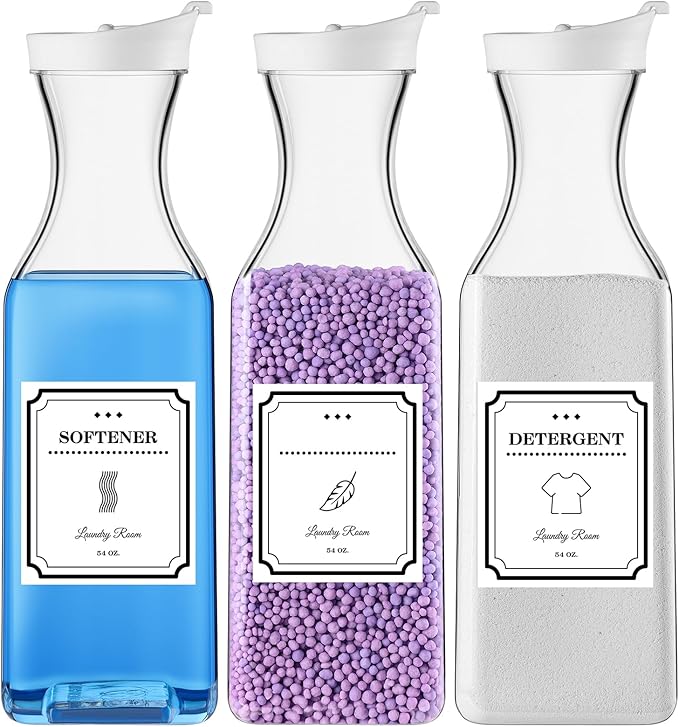 Laundry Detergent Dispenser,54oz Fabric Softener Dispenser,Plastic Liquid Laundry Detergent Container,Laundry Detergent Organizer for Laundry Room Organization with 4 Labels,3 Pack