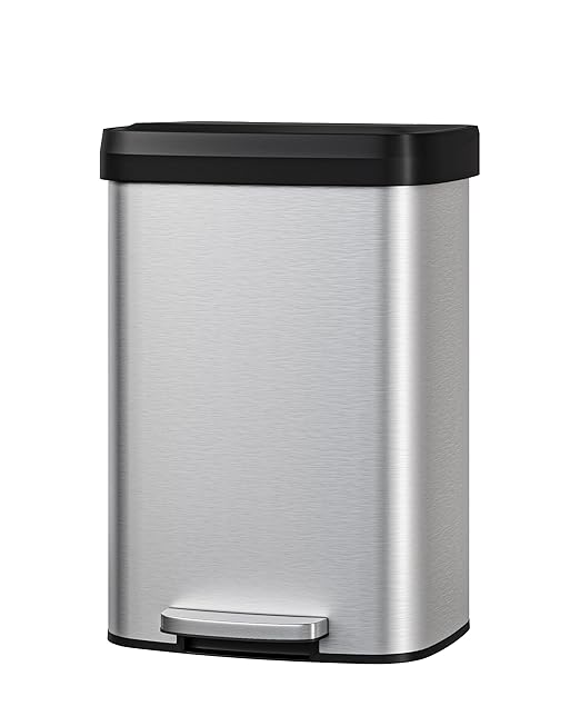 Garvee 13 Gallon / 50 L Stainless Steel Trash Can with Lid, Large Garbage Can for Kitchen, Rustproof Step-on Kitchen Metal Trash Bin with Liner Rim, Rear Handle, Soft Close Plastic Lid, Silver