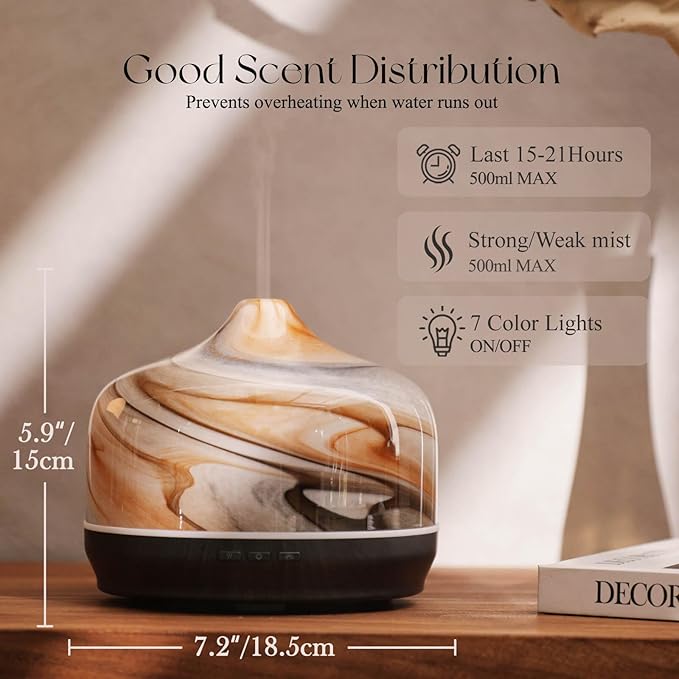 Porseme 500ml Glass Essential Oil Diffuser Aromatherapy Ultrasonic Cool Mist Humidifier 15-21 Running Hours Waterless Auto-Off Air Diffusers for Sleeping Yoga Office Working Spa and Rest (Jupiter)