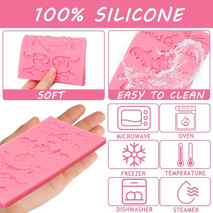 Baroque Decorative Silicone Fondant Mold, Vintage Floral Scroll Pattern, Pink