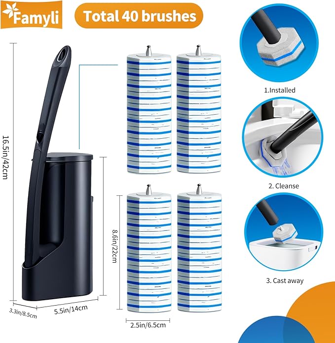 Disposable Toilet Brush - Toilet Bowl Cleaner, Toilet Cleaning Supplies, Toilet Brush with Holder, Toilet Bowl Cleaner Wands，40 Refills for Toilet Cleaning and Hygienic Bathroom Maintenance