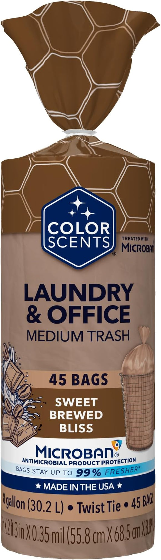Color Scents Medium Trash Bags - 8 Gallon, 45 Bags (1 Pack of 45 Bags) Twist Tie - Mocha Mousse in Sweet Brewed Bliss Scent with Microban
