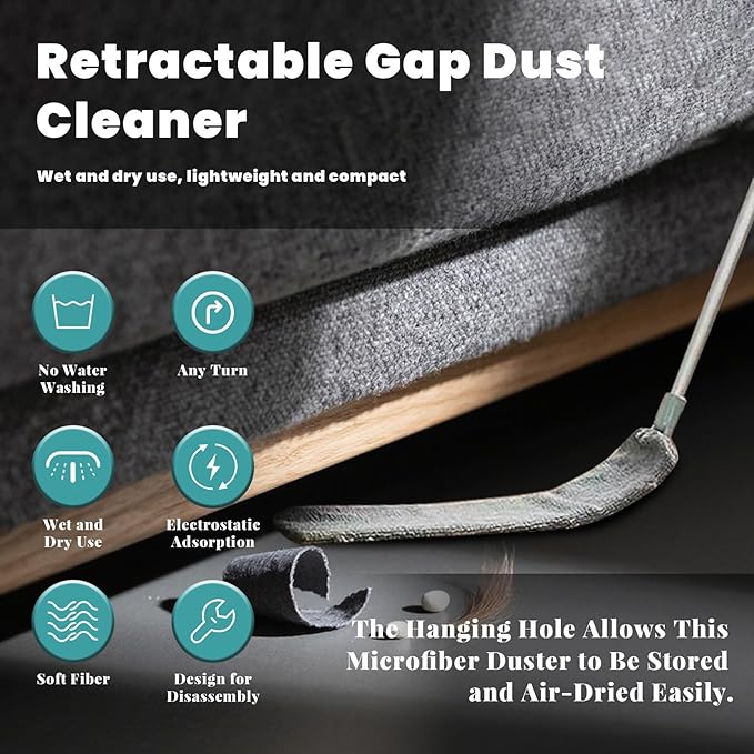 Flat Duster, Retractable Gap Dust Cleaning Artifact, Extendable Microfiber Duster with Bendable & Removable Head, Reusable Washable Dusting Wand for Home,Ceiling,Blinds (1Set)