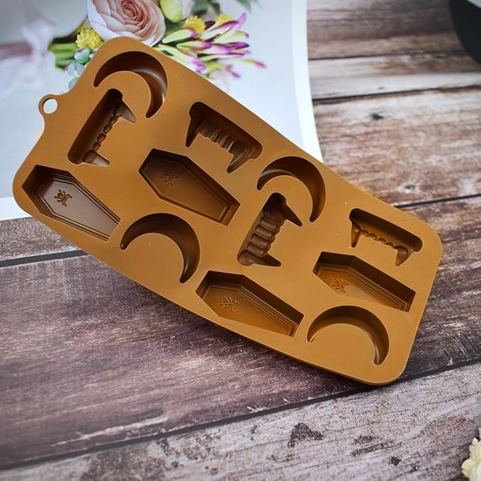 mostsom Halloween Chocolate Candy Silicone Mold Vampire Teeth RIP Gravestone Moon Shape Gummy Fondant Baking Mold for DIY Cupcake Topper Decorating (D_ 8.92x4.04x0.56 inch)