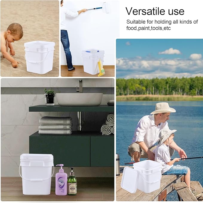 3 Gallon Plastic Bucket with Lid, 4-Pack Square Bucket Pail Food Grade, White