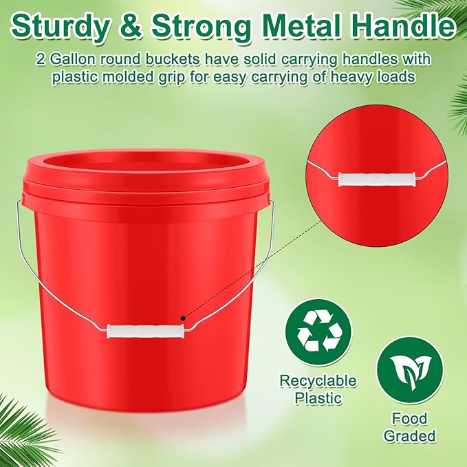Tioncy 10 Pcs 2 Gallon Plastic Bucket with Lid Heavy Duty 2 Gallon Bucket Pail with Lid Handle for Storage Container Home Household Cleaning (Red)