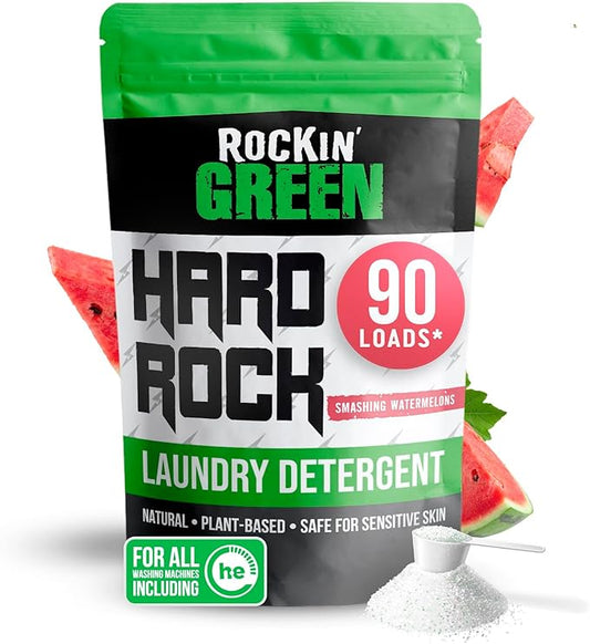 Rockin' Green Hard Rock Laundry Detergent for Hard Water (90 Loads), Plant based, Natural Laundry Detergent Powder, Biodegradable Odor Fighter, Safe for Sensitive Skin, 45 oz (Smashing Watermelons)
