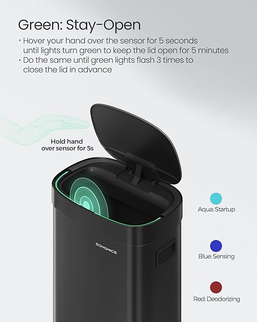 SONGMICS Kitchen Trash Can, 17.2-Gallon (65 L) Motion Sensor Garbage Can, Stainless Steel Trash Bin, Ozone Odor Control, Stay-Open, Ink Black ULTB660B01
