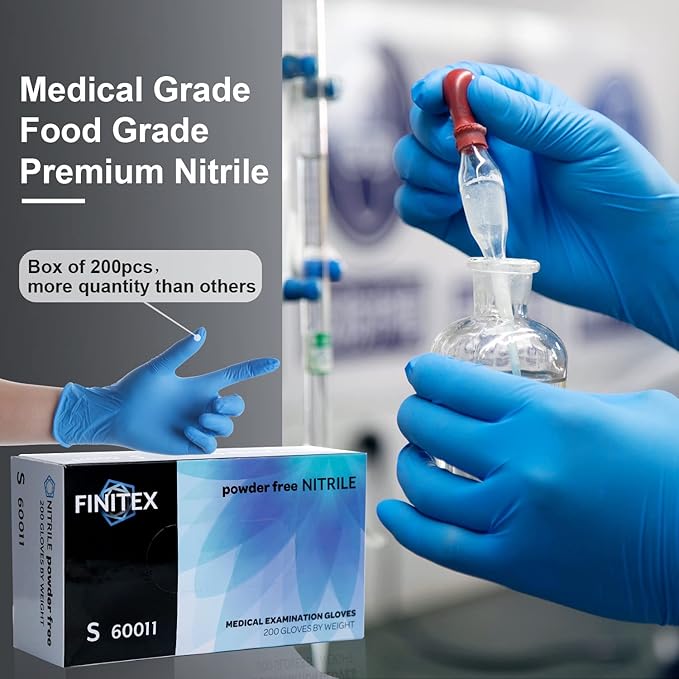 FINITEX Blue Disposable Nitrile Exam Gloves - 200 PCS/BOX 3.5mil Rubber Powder-Free Latex-Free Medical Cleaning Food Gloves