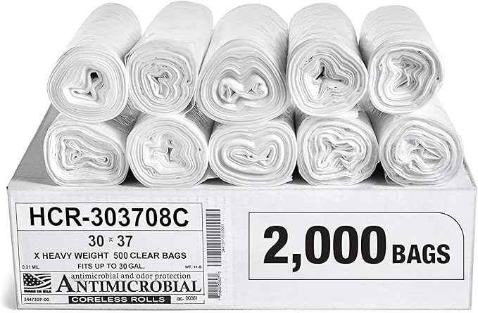 Aluf Plastics High Density Trash Bags, 30 Gallon, 2000 Count, 8 Micron (eq), 30" x 37", Clear, for Bathroom, Office, Industrial, Commercial, Janitorial, Municipal, Recycling