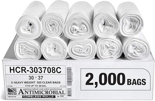 Aluf Plastics High Density Trash Bags, 30 Gallon, 2000 Count, 8 Micron (eq), 30" x 37", Clear, for Bathroom, Office, Industrial, Commercial, Janitorial, Municipal, Recycling
