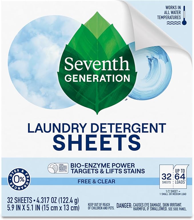 Seventh Generation Laundry Detergent Sheets 32ct Free & Clear Removes Tough Stains Safer for your family