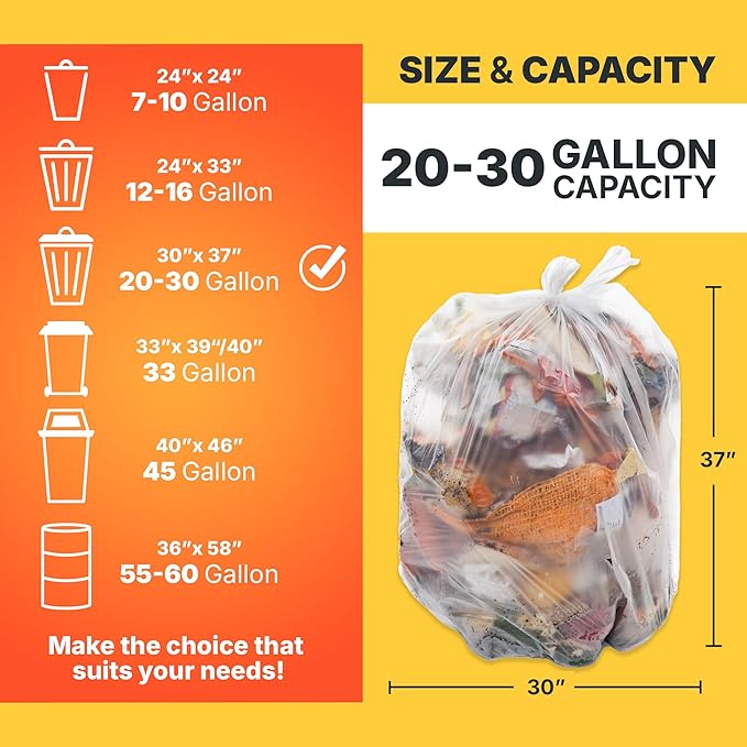 20-30 Gallon Trash Bags, 10 Micron High Density Garbage Can Liners Bulk, 30" x 37", Natural Clear, 500 Count