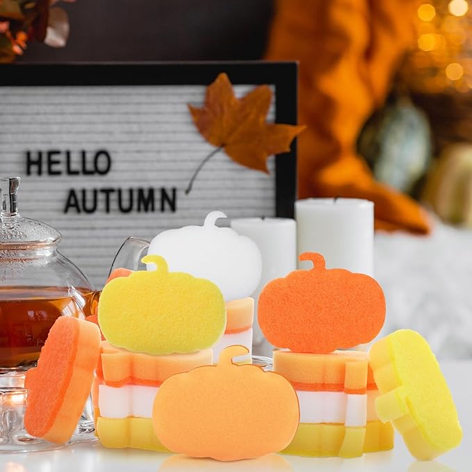 Tioncy 12 Pack Thanksgiving Pumpkin Kitchen Sponges Bulk Fall Dual Sided Scrubber Sponges Dishwashing Non Scratch for Kitchen Accessories Dish Scouring Orange, Yellow, Beige
