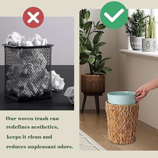 3 Gallons Wicker Waste Basket with Lid and Liner - Wicker Trash Can for Bedroom, Bathroom, Kitchen, Living Room - Boho Handwoven Water Hyacinth Garbage Can with Lid for Home, Office