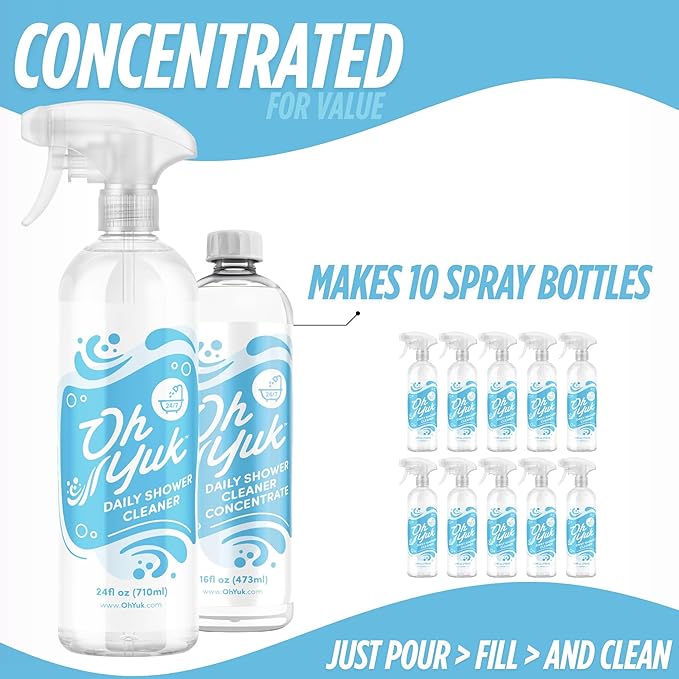 Oh Yuk Daily Shower Cleaner Combo – 24 oz Spray + 16 oz Concentrate Makes 10 Refills | Daily Use Cleaner Prevents Soap Scum on Tile, Glass, Acrylic & Fiberglass