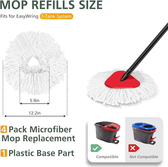4 Pack Spin Mop Refill Replacement Head Compatible with EasyWring Spinning Mop, with 1 Swivel Mop Base, 100% Microfiber Deep Cleaning Machine Washable - White (1-Tank System)