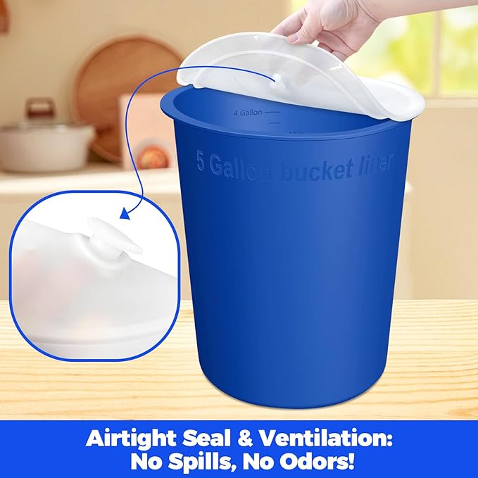 5 Gallon Bucket Liner with Lid- Food Grade Reusable Silicone Bucket Liner for Concrete Mix and Mud (Blue, 5 Gallon with Lid)