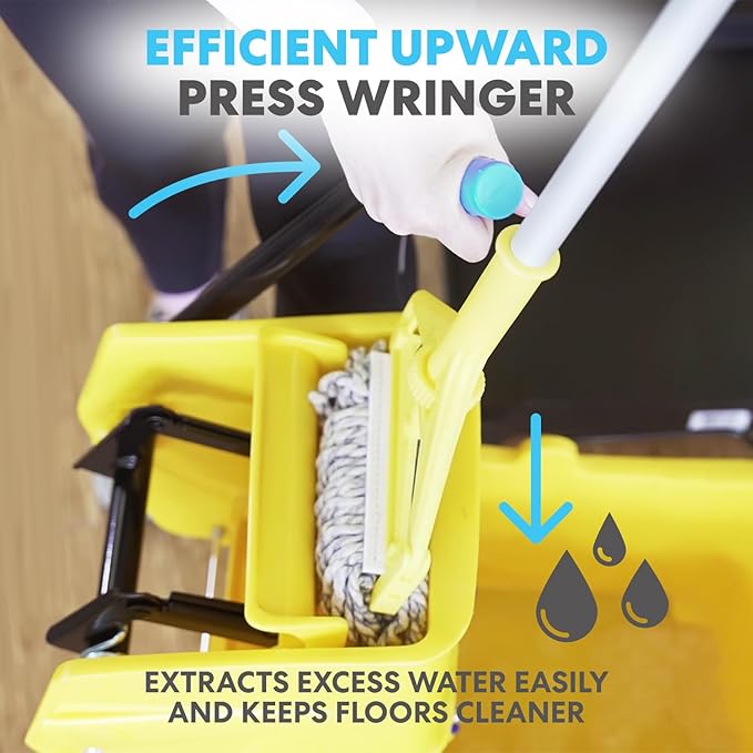 Simpli-Magic Side Press Wringer Combo Commercial Mop Bucket on Wheels, 35 Quart,Yellow, Including Wet Floor Caution Sign and Mop Set
