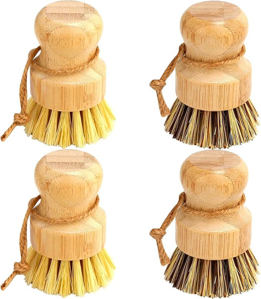 Bamboo Dish Brush Set, 4 Pcs Palm Wooden Dish Scrubber Brush, Dish Brushes, Durable Wood Dishes Scrub Brush, Natural Round Vegetable Cleaning Pots Pans Sink Washing Kitchen Brush by Aisuly