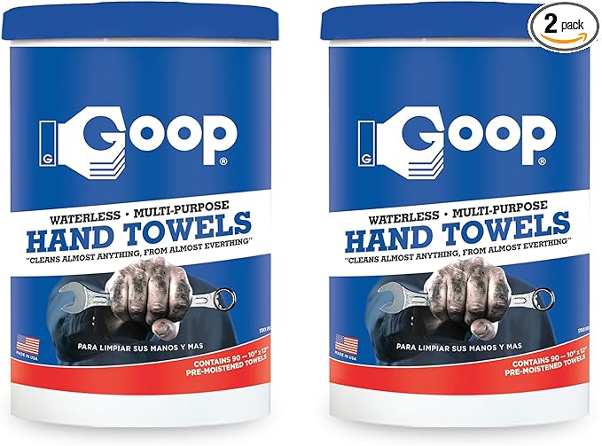 GOOP Multi-Purpose Waterless Hand Cleaner Towels - 90, 10" x 12" Towels (Pack of 2)