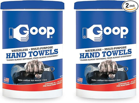 GOOP Multi-Purpose Waterless Hand Cleaner Towels - 90, 10" x 12" Towels (Pack of 2)