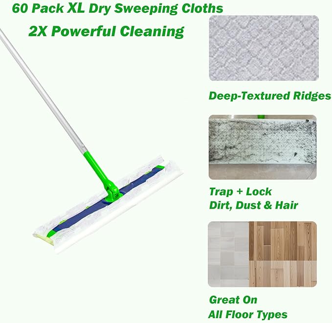 XL Dry Sweeping Cloth Refills for Swiffer Sweeper X-Large Mop, XL Disposable Dry Pads Refills, Pet Hair Dust Heavy Duty Dry Floor Cloth Refills for Floor Sweeping and Cleaning, 60 Count