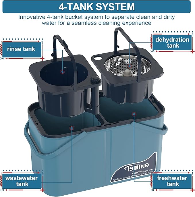 Spin Mop and Bucket,Mop Bucket with Separates Dirty and Clean Water,4-Chamber Mop and Bucket with Wringer Set for Home, Best Household Cleaning Tools with 6 Replacement Mop Heads,4X Wheel