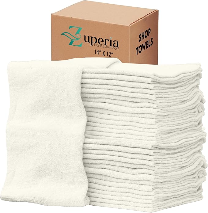 ZUPERIA Cotton Shop Towel – Multipurpose Cleaning Cloths (14" x 12" - Pack of 150 - White) Reusable Shop Rags for Automobiles, Industrial, Restaurants, Garage, and Homes