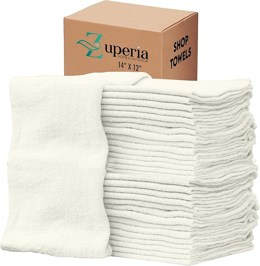 ZUPERIA Cotton Shop Towel – Multipurpose Cleaning Cloths (14" x 12" - Pack of 150 - White) Reusable Shop Rags for Automobiles, Industrial, Restaurants, Garage, and Homes