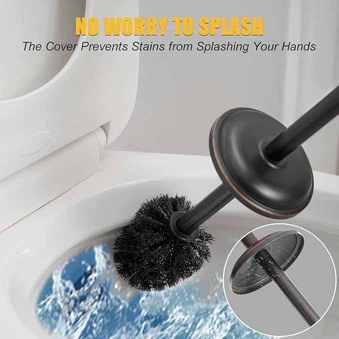BESy Toilet Brush and Holder, Toilet Cleaner Bowl Set with Two Brush with Extra Long Handle, Durable Bristles Toilet Scrubber and Covered Holder, Drip-Proof Stainless Steel Oil Rubbed Bronze