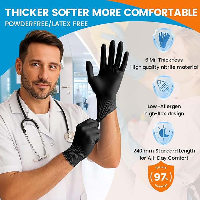 6 mil Disposable Nitrile Gloves, Heavy Duty Disposable Glove, Cooking Gloves, Latex Free, Powder Free