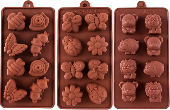 Silicone Molds Non-stick Chocolate Candy Mold,Soap Molds,Silicone Baking mold Making Kit, Set of 3 Forest Theme with Different Shapes Animals,Lovely & Fun for Kids