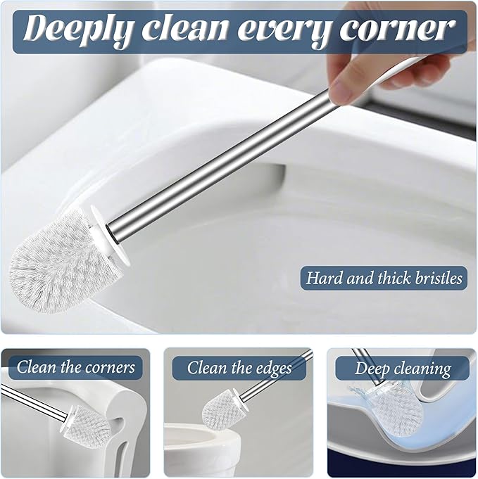 Toilet Brush 3 Pack, Toilet Brush and Holder Set, Long Handle Stainless Steel, Drip-Proof, for Bathroom Toilet Deep Cleaning -White