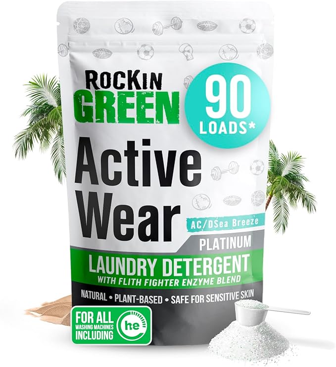 Rockin' Green Laundry Detergent, Plant based, All Natural Laundry Detergent Powder, Vegan and Biodegradable Odor Fighter, Safe for Sensitive Skin (Active Wear 90 Loads - AC/DSea Breeze)