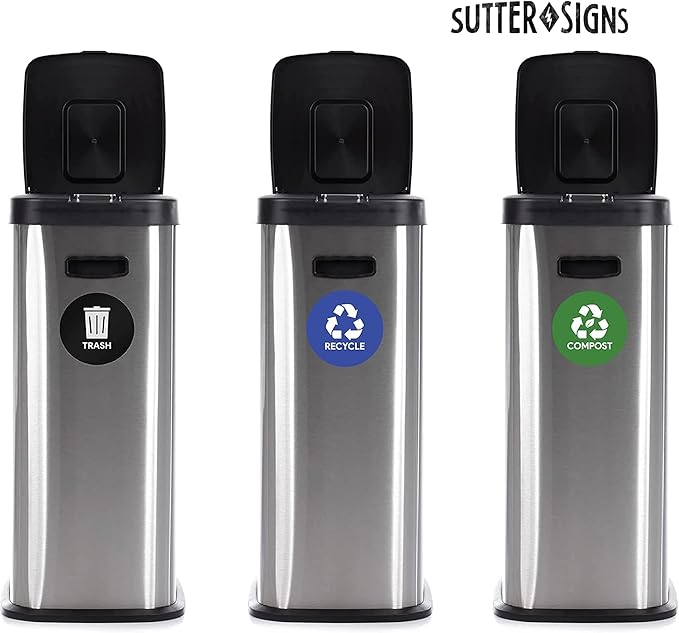 Sutter Signs 6pk Trash Compost Recycle Stickers for Trash Bins | 4" Weatherproof Waste Management Label Sign Decals for Garbage Cans, Yard Waste, and Recycling Bins