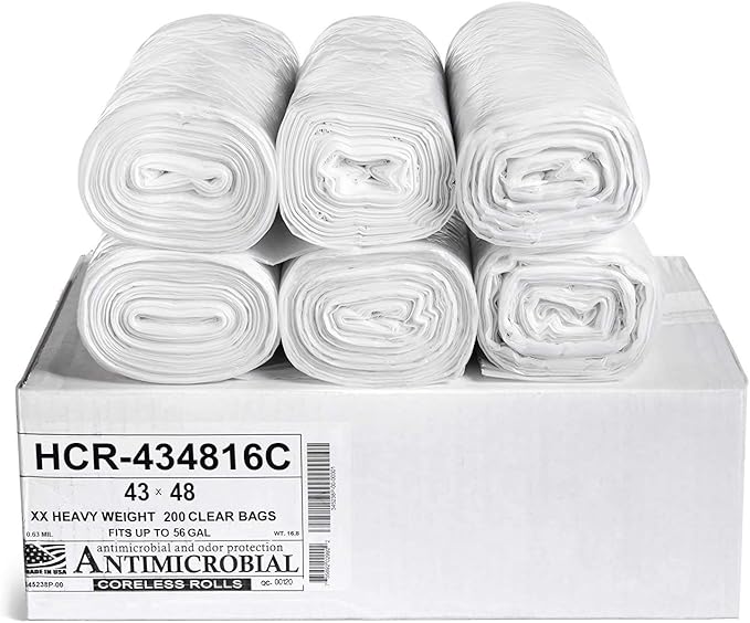 Aluf Plastics High Density Trash Bags, 56 Gallon, 200 Count, 16 Micron (eq), 43" x 48", Clear, for Bathroom, Office, Industrial, Commercial, Janitorial, Municipal, Recycling