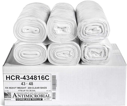 Aluf Plastics High Density Trash Bags, 56 Gallon, 200 Count, 16 Micron (eq), 43" x 48", Clear, for Bathroom, Office, Industrial, Commercial, Janitorial, Municipal, Recycling