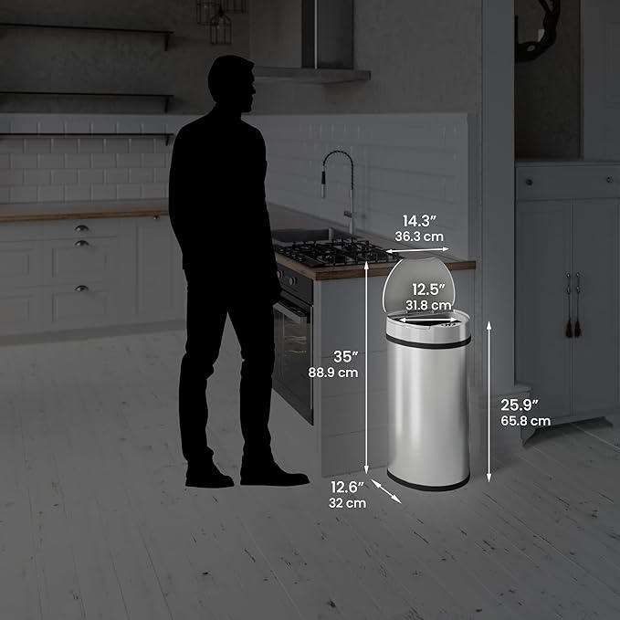 iTouchless 50 Liter / 13 Gallon Kitchen Trash Can with Lid & Odor Filter – Motion Sensor Semi-Round Stainless Steel Garbage Bin for Home, Office, or Garage – Slim, Wide Opening Large Capacity Design