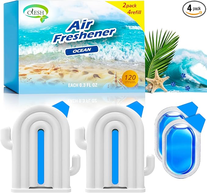 Air Freshener for Home, 2 Pack, 2 Refill, Ocean Scent, Odor Eliminator, Up to 120 Days, Cactus-shaped Freshener for Closet Bathroom, Cute Home Decor, White