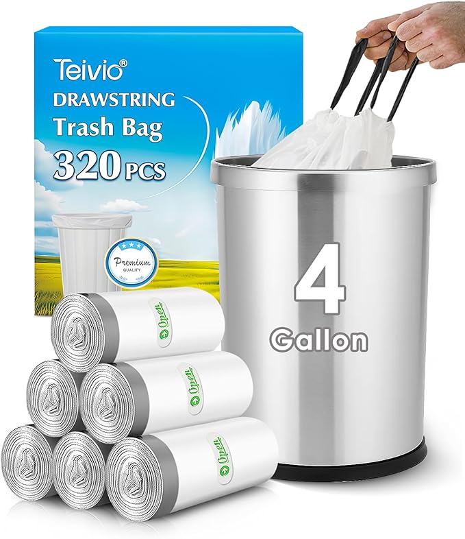 4 Gallon 320 Counts Strong Drawstring Trash Bags Garbage Bags by Teivio, Bathroom Trash Can Bin Liners, Small Plastic Bags for home kitchen office, White