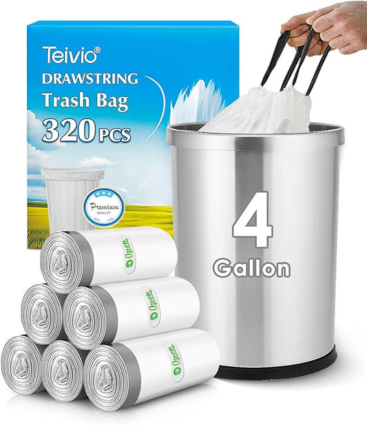 4 Gallon 320 Counts Strong Drawstring Trash Bags Garbage Bags by Teivio, Bathroom Trash Can Bin Liners, Small Plastic Bags for home kitchen office, White