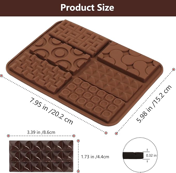 Chocolate Bar Mold Silicone with 6 Pattern, 2 Pcs 0.3-Inch-Deep Break-Apart Chocolate Molds for Homemade Protein and Energy Bar, Small Silicone Molds for Wax Melts/Candle/Resin, Waffle Shape