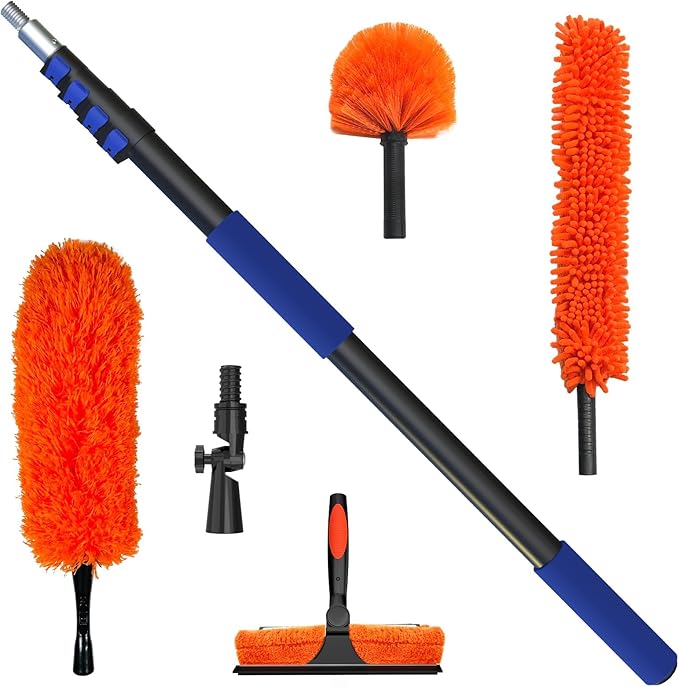 26 Foot High Reach Duster Kit with 5-19 ft Telescoping Extension Pole, High Ceiling Duster, Cobweb Duster, Window Squeegee, Feather Duster, Outdoor & Indoor Extendable Duster Cleaning Kit