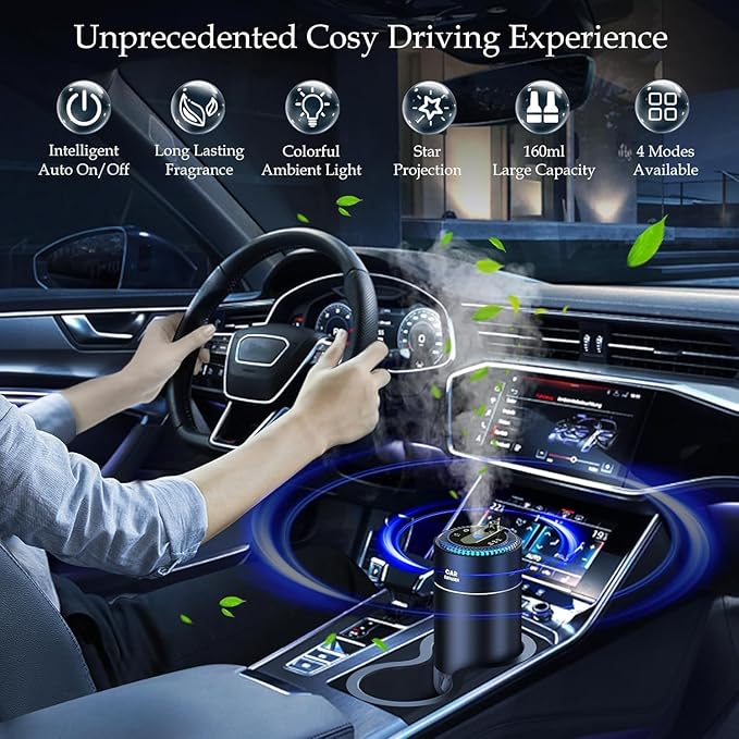 Smart Car Air Freshener Diffuser with 160ml Essential Oils, Smart Auto On/Off Star Projector Car Diffuser for Men/Women, USB-Powered Long Lasting Cars Fresheners|Lavender+Cologne