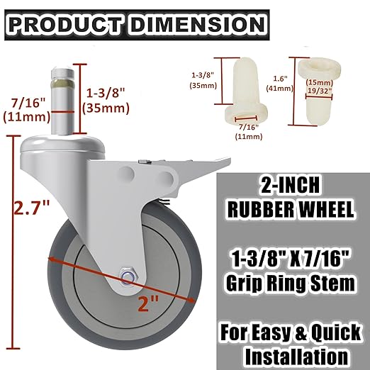 2-Inch Swivel Stem Caster, 7/16-Inch Stem Diameter Rubber Wheel, Thermoplastic Rubber TPR Replacement Wheels - 4 Pack(2 Brakes 2 Swivel)